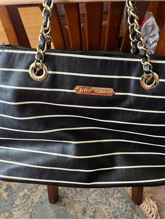 Betsey Johnson Handbags - Betsey Johnson Black & Cream Striped Chain-Handle Tote Bag EUC